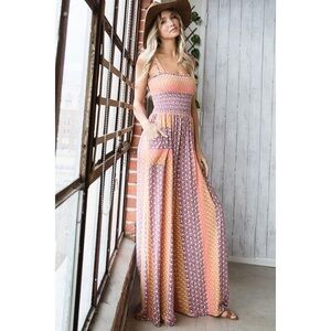 BUCKETLIST Boho Smocked Patchwork Wide Leg Jumpsuit  -Size M